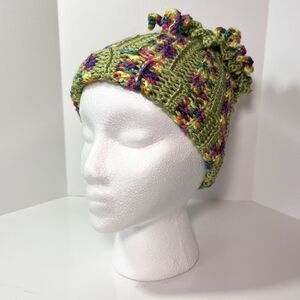 Handmade Crochet Spiral Top Beanie Hat, Green & Rainbow Stripes